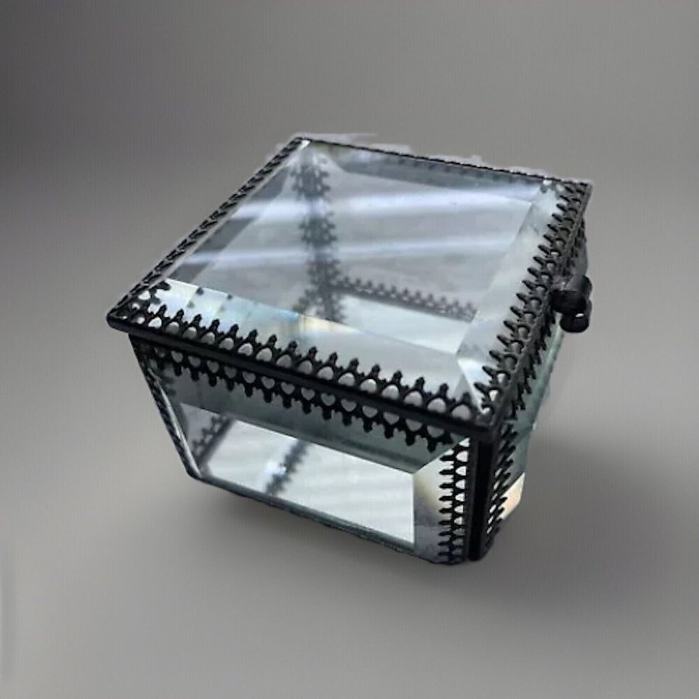 Nicole Miller Trinket Box Beveled Glass Jewelry Casket Hinged Mirror Footed
